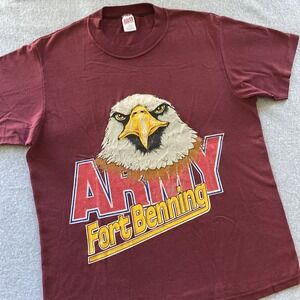 Vintage 80s Fort Benning Shirt L 42-44 Red USA Made Army Tee Single Stitch Soffe